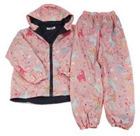 2set - Světlerůžová šusťáková lehce zateplená bunda s jednorožci a kapucí + zateplené kalhoty 