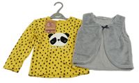 2set - Hořčicovo-černé puntíkaté triko s Pandou + šedá kožešinová vesta 