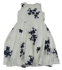 Bílo-tmavomodré květované perforované šaty 