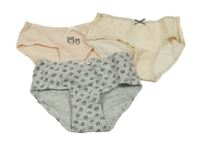 3set - 3x kalhotky se sovičkami - šedé + světlerůžové + žluto-bílé pruhované