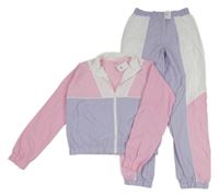 Nové - 2set - Růžovo-bílo-lila šusťáková crop sportovní bunda + šusťákové kalhoty Primark