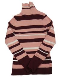 Růžovo-vínovo-bílý pruhovaný žebrovaný svetrový rolák Primark