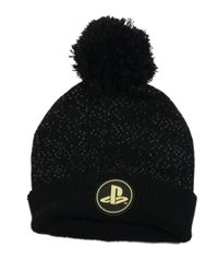 Černá melírovaná čepice s nášivkou a bambulí
