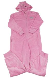 Růžová chlupatá kombinéza s nápisem a kapucí- prasátko M&S vel.176