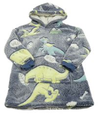 Tmavomodrá melírovaná chlupatá oversize mikina s dinosaury a kapucí vel.116-128