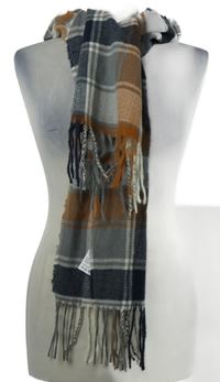 Nové - Dámská šedo-tmavomodro-béžová kostkovaná šála s třásněmi