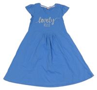 Modré bavlněné šaty se stříbrným nápisem Y.F.K.