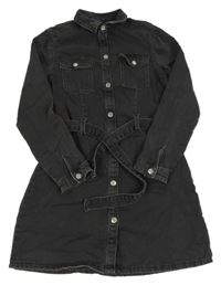 Tmavošedé riflové košilové propína cí šaty s páskem C&A