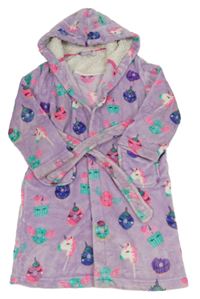 Lila plyšový župan s donuty a jednorožci a kapucí Bluezoo