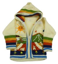 Vanilkovo-barevný propínací svetr s obrázky a kapucí 