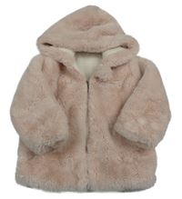 Světlerůžová kožešinová zateplená bunda s kapucí Shein