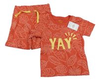 Nové - 2set - Korálové tričko s listy a nápisem + kraťasy Primark