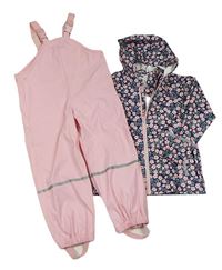 2set - Tmavomodrá nepromokavá jarní bunda s kytičkami a kapucí + světlerůžové laclové kalhoty Lupilu