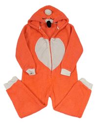 Oranžovo-bílá huňatá kombinéza s kapucí - plameňák 
