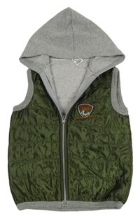 Khaki-šedá šusťáková zateplená vesta s teplákovou kapucí 