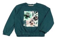 Tmavozelená oversize mikina s květy a flitry Nutmeg