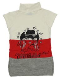 Bílo-červeno-šedá pruhovaná svetrová tunika s kovbojem a rolákem