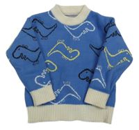 Modro-béžový svetr s dinosaury 