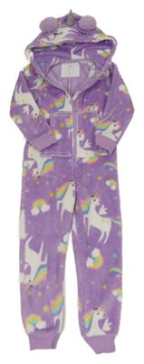 Lila chlupatá kombinéza s jednorožci a kapucí F&F