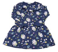 Tmavomodré teplákové šaty s jednorožci a volánky Impidimpi