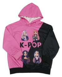 Fuchsiovo-černá mikina s potiskem K-pop a kapucí Shein 