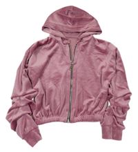 Růžová plyšová propínací crop mikina s kapucí 