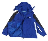 Tmavomodro-černo-bílá šusťáková zimní bunda s ukrývací kapucí Winter Adventures
