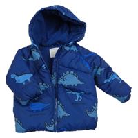 Tmavomodrá šusťáková prošívaná zimní bunda s dinosaury a kapucí Primark