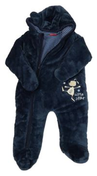 Tmavomodrá plyšová zateplená kombinéza s pejskem a kapucí s oušky SALT AND PEPPER