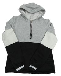 Šedo-černo-bílá mikina s kapucí