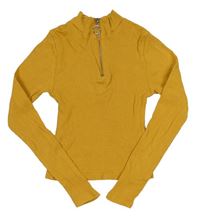 Okrové žebrované crop triko se zipem New Look