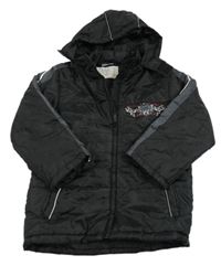 Černo-tmavošedá prošívaná šusťáková zimní bunda s lebkou a kapucí X-MAIL