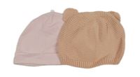 2x - Čepice - Světlerůžová bavlněná, pudrová pletená s oušky ZARA