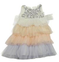 Smetanovo-meruňkovo-broskvovo-světlefialové vrstvené tylové slavnostní šaty s pajetkami H&M