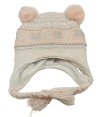 Světlerůžovo-bílá vzorovaná pletená čepice s bambulkami Topomini