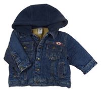 Tmavomodrá riflovo/manšestrová zateplená bunda s nášivkami a nápisem a odepínací kapucí C&A