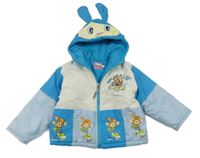 Modro-světlemodro-bílá šusťáková zimní bunda se zajíčky a kapucí