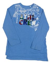 Modré melírované triko s nápisy z překlápěcích flitrů a obrázky C&A