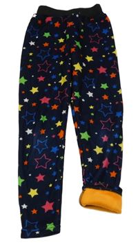 Tmavomodro-černé plyšové zateplené legíny s barevnými hvězdičkami