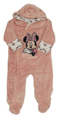 Růžová plyšová podšitá kombinéza s Minnie a kapucí s oušky Disney