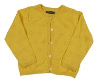 Tmavožlutý propínací svetr s perforovanými srdíčky PRIMARK