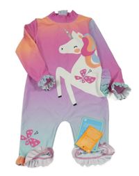 Nové - tmavorůžovo-fialovo-oranžovo-mátový UV overal s jednorožcem a volánky St. Bernard