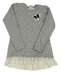 Šedá melírovaná mikina s mašlí a krajkovým volánkem 