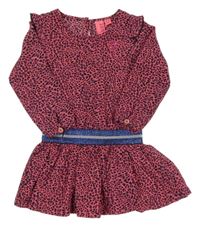 Růžovo-tmavomodré vzorované šaty s nášivkou a volánky a třpytivým pasem B.NOSY