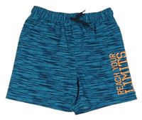 Modrozeleno-tmavomodré pruhované melírované plážové kraťasy s nápisy YIGGA