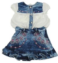 Modro-tmavomodro-bílé plísňové riflové šaty s květy a třásněmi a krnoflíky