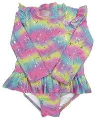 Růžovo-světlemodro-žluto-fialové UV plavky s jednorožci a volánky Matalan