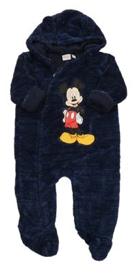 Tmavomodrá melírovaná plyšová podšitá kombinéza s Mickey a kapucí Disney