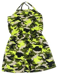 Khaki-béžovo-neonově žlutý army lehký kraťasový overal Matalan