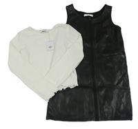 Nové - 2set - Černé koženkové propínací šaty + bílé žebrované crop triko Primark